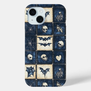 Gothic Halloween Denim Patchwork Pattern iPhone 15 Case