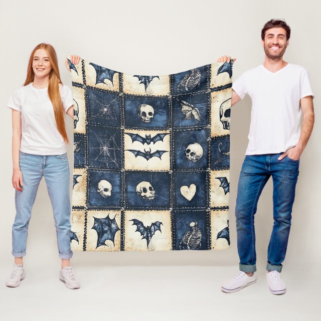Gothic Halloween Denim Patchwork Pattern Fleece Blanket (In Situ)
