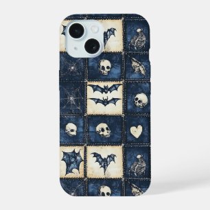 Gothic Halloween Denim Patchwork Pattern iPhone 15 Case