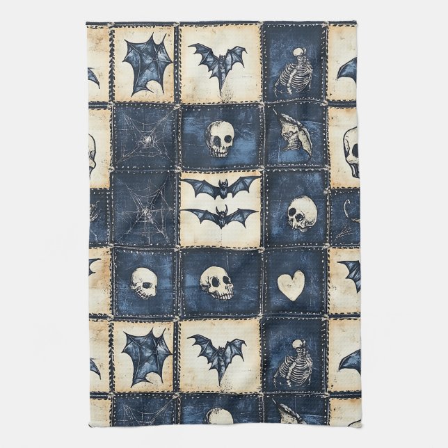 Gothic Halloween Denim Patchwork Pattern Kitchen Towel (Vertical)