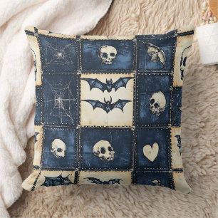 Gothic Halloween Denim Patchwork Pattern Throw Pillow