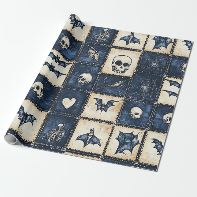 Gothic Halloween Denim Patchwork Pattern Wrapping Paper (Unrolled)