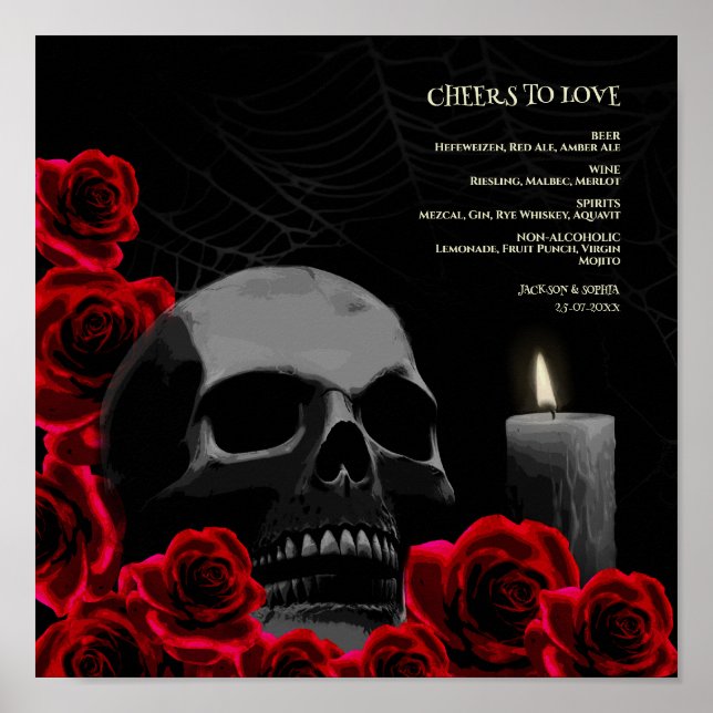 Gothic Halloween Drinks Menu Sign Skull Roses (Front)