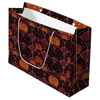 Gothic Halloween Gift Bag, Pumpkin & Bat Damask Large Gift Bag