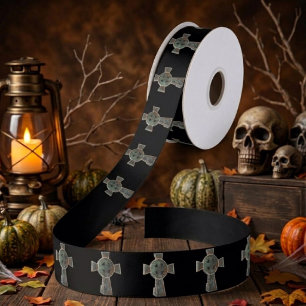 Gothic Halloween Graveyard Headstone Cross Drawing Satin Ribbon