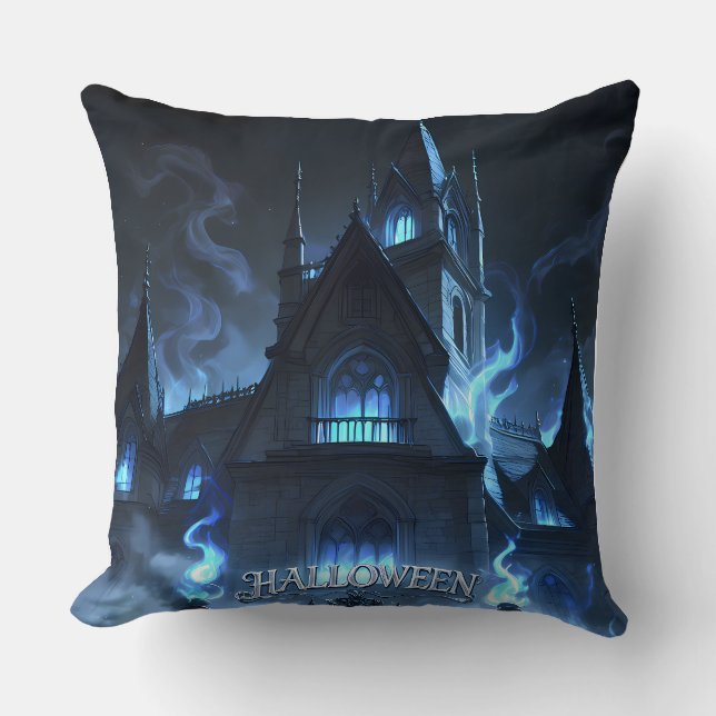 Gothic Halloween Haunted Castle Throw Pillow (Front)