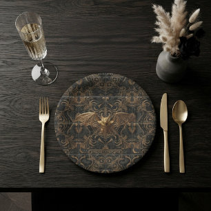 Gothic Halloween Paper Plates Gold Bat Pattern