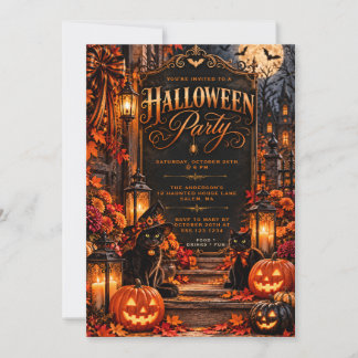 Gothic Halloween Party Invitation with Black Cats