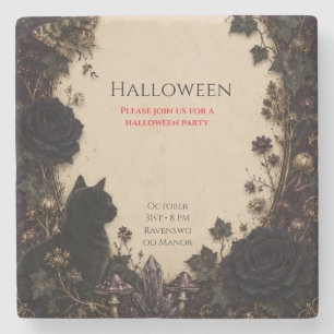 Gothic Halloween Party Roses, Dark Ivy, Moth, moon Stone Coaster