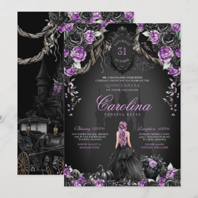 Gothic Halloween Purple Black Princess Quinceanera Invitation (Front/Back)