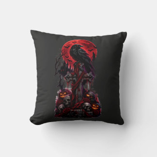 Gothic Halloween Raven Haunted Graveyard Pumpkin Throw Pillow