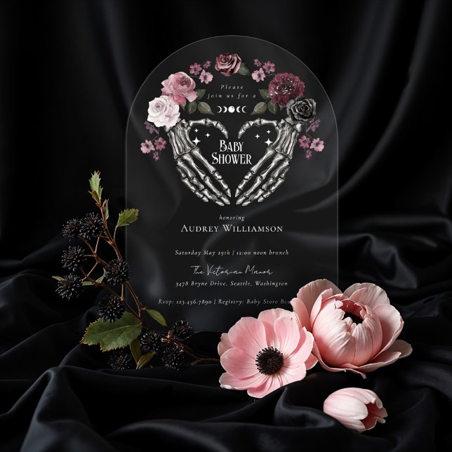 Gothic Halloween Skeleton Hands Heart Baby Shower Acrylic Invitations (Gothic Halloween Skeleton Hands Heart Baby Shower Acrylic Invitations)