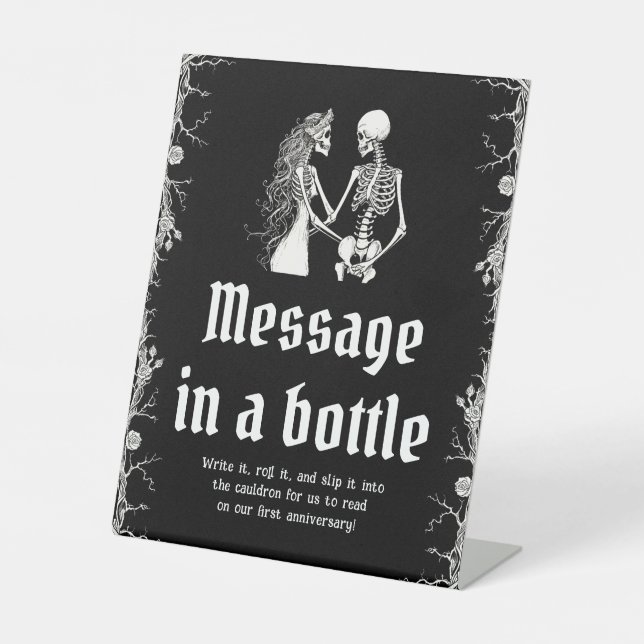 Gothic Halloween Skeleton Message in a bottle Game Pedestal Sign (Front)
