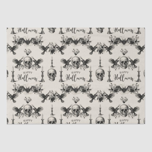 Gothic Halloween skull candle bat raven black rose Tissue Paper (Front)