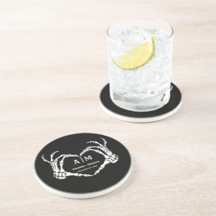 Gothic Halloween Skull Hand Heart Black Wedding Coaster