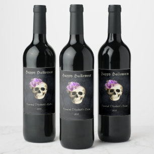 Gothic Halloween Skull Purple Roses Personalized Wine Label