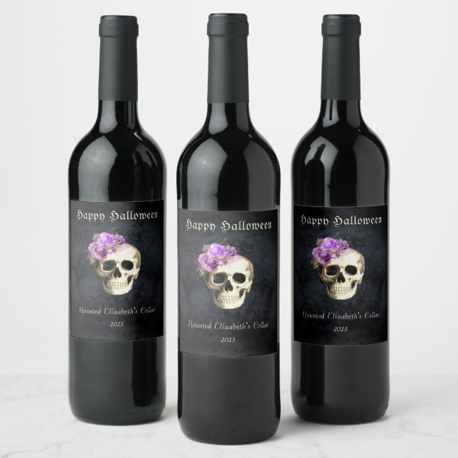 Gothic Halloween Skull Purple Roses Personalized  Wine Label (Bottles)