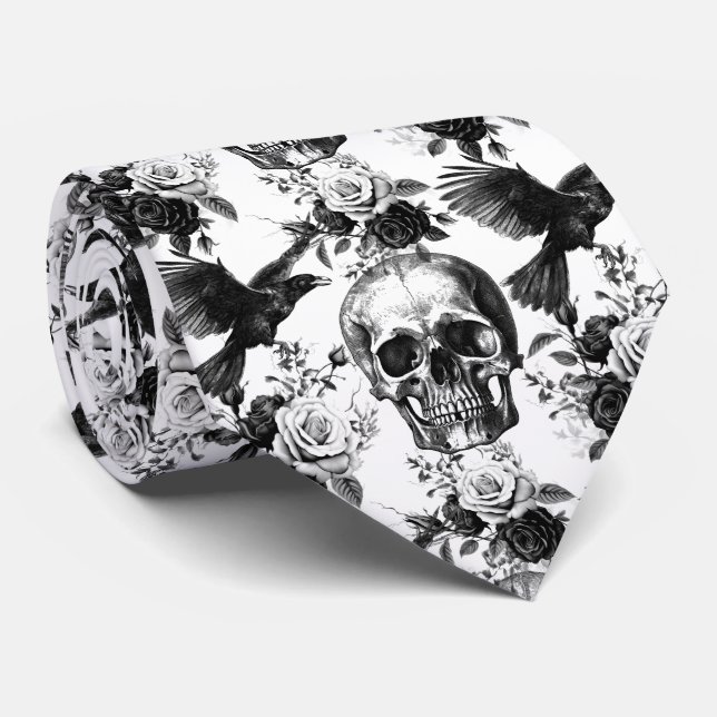 Gothic Halloween skull raven black rose pattern Tie (Rolled)