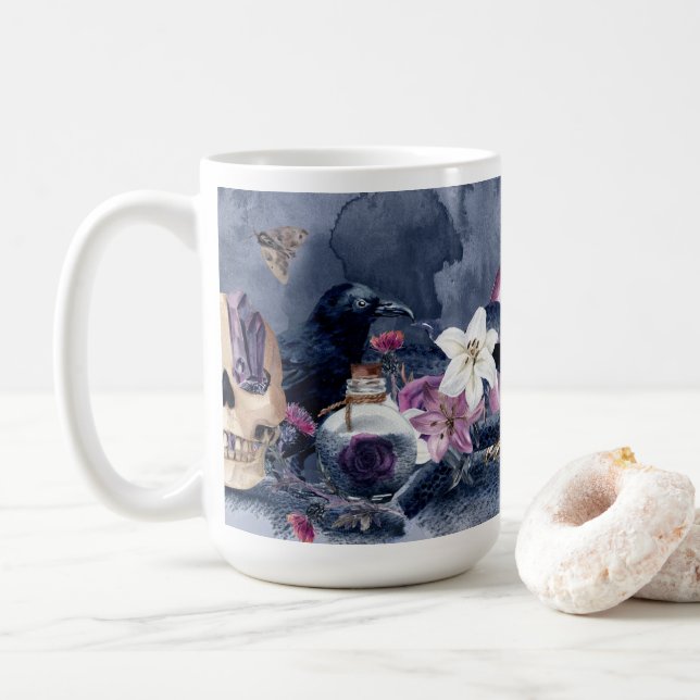 Gothic Halloween Skull & Raven Coffee Mug (With Donut)