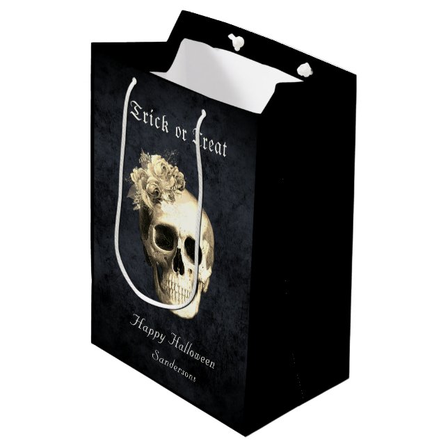 Gothic Halloween Skull White Roses Personalized Medium Gift Bag (Front Angled)