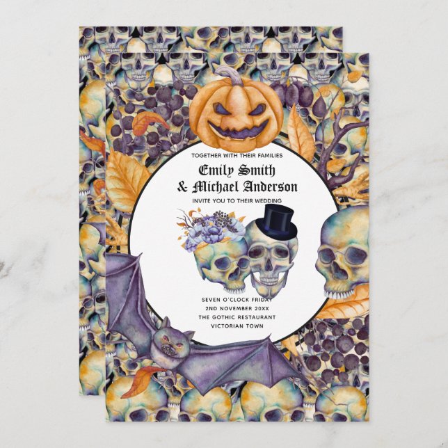 Gothic Halloween Skulls Party Invite Watercolor (Front/Back)
