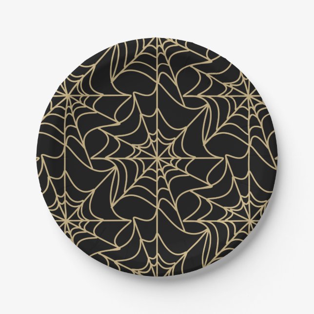 Gothic Halloween Spider Web Gold Paper Plate (Front)