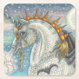 GOTHIC HALLOWEEN UNICORN WITH BAT WINGS, HORSE SQUARE PAPER COASTER