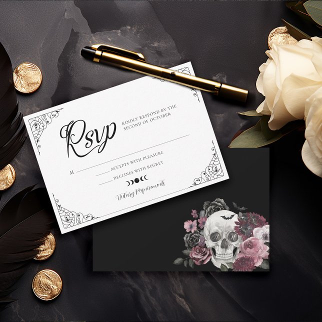 Gothic Halloween Wedding Coffin Floral Skull RSVP Card (Gothic Halloween Wedding Coffin Floral Skull RSVP)
