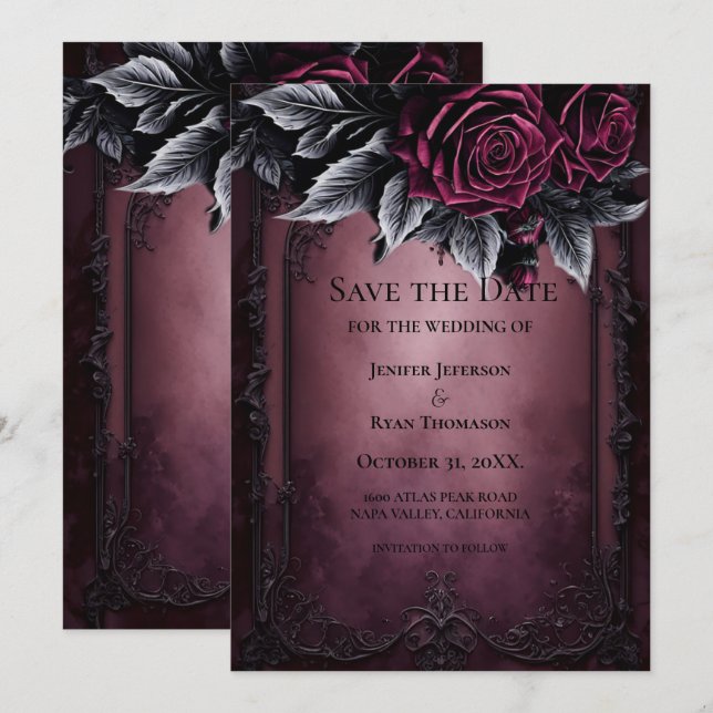 Gothic halloween wedding save the date invitation (Devant / Derrière)
