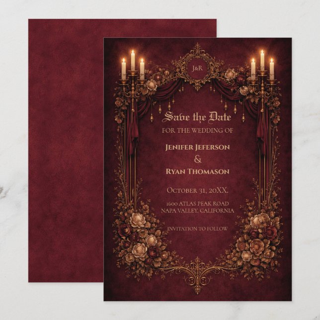 Gothic halloween wedding save the date invitation (Devant / Derrière)