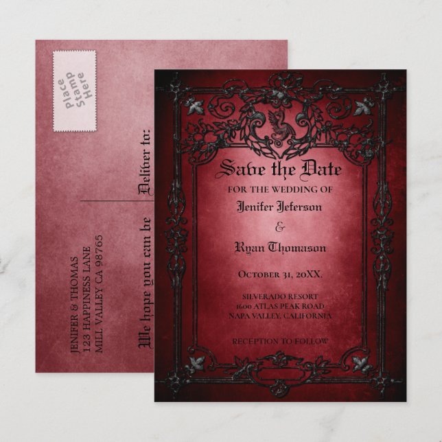 Gothic halloween wedding save the date postcard (Front/Back)