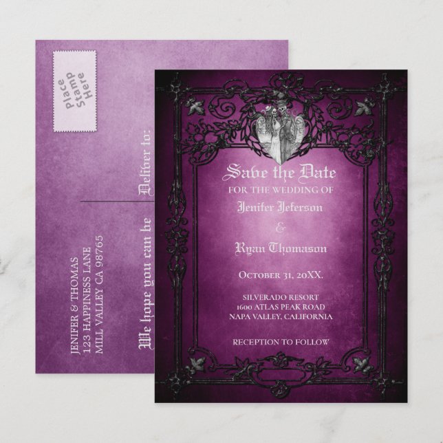 Gothic halloween wedding save the date postcard (Front/Back)