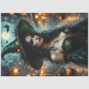 Gothic Halloween Witch with Pumpkins and Moonlit  Tissue Paper