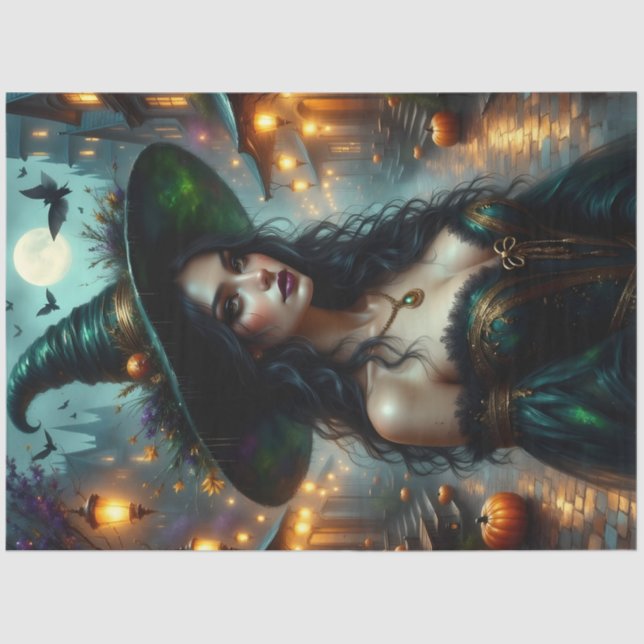 Gothic Halloween Witch with Pumpkins and Moonlit  Tissue Paper (Front)