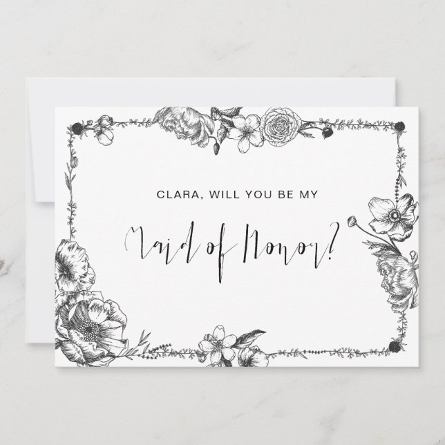Gothic Hand drawn Flowers Skull bridesmaid card (Front)