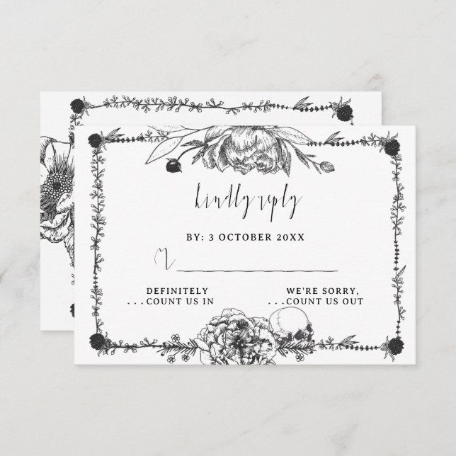 Gothic Hand drawn Flowers Skull RSVP card (Front/Back)