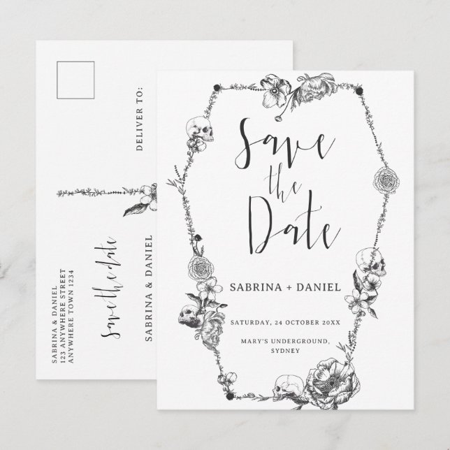 Gothic Hand drawn Flowers Skull Save the date  Postcard (Front/Back)