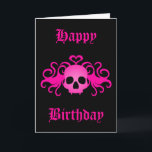 Gothic Happy Birthday Card<br><div class="desc">Adorable Goth Birthday Card in black with a hot pink fanged skull with a heart on top and swirls printed on the front. If you don't like the text, it can be changed very easily.</div>