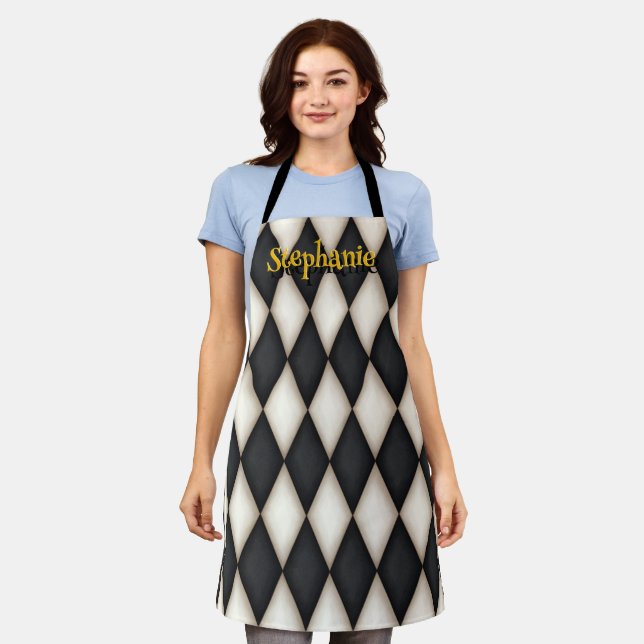 Gothic Harlequin Pattern Playful Personalized Name Apron (Worn)
