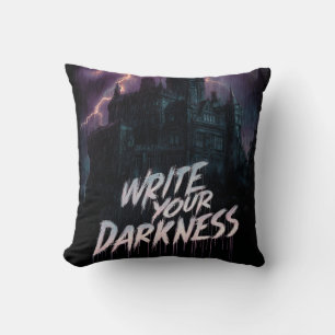 Gothic Haunted Castle Under Thunderstorm with Text Throw Pillow