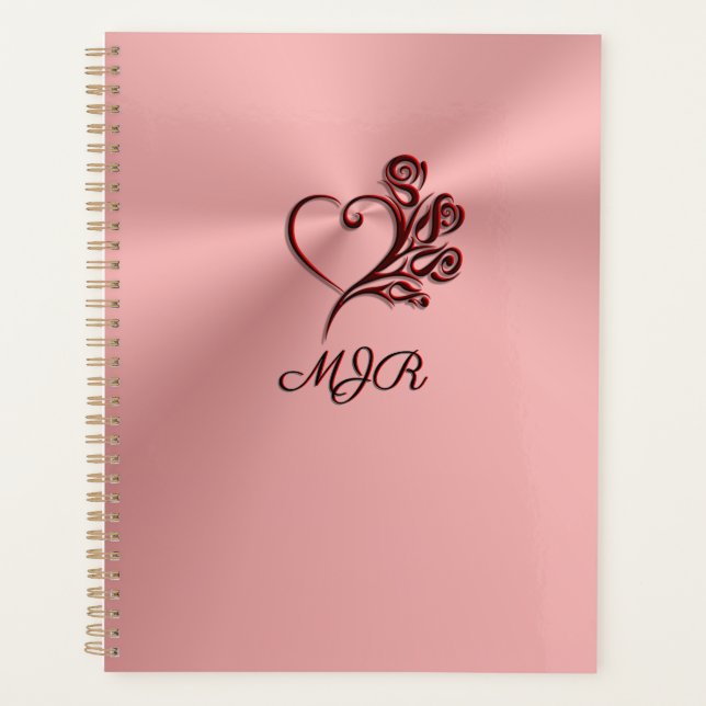 Gothic heart and roses on rose-gold with Monogram Planner (Front)