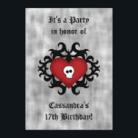 Gothic heart birthday party invitation<br><div class="desc">Adorable black damask motif drawn by me with a red heart on it and a tiny skull. So cute. Shown here on 5x7" party invites to personalize with your details. Works well for sweet 16,  Valentine's day or any fitting occasion.</div>
