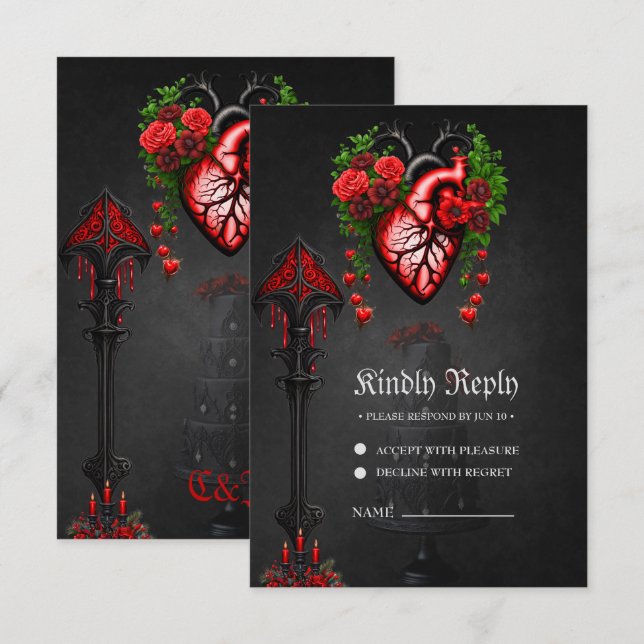 Gothic heart red flowers. RSVP card (Front/Back)