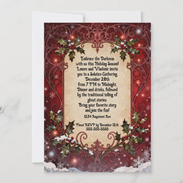 Gothic Holly on Red Christmas Party Invitation (Front)