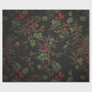Gothic Holly Wrapping Paper  Dark Christmas Floral