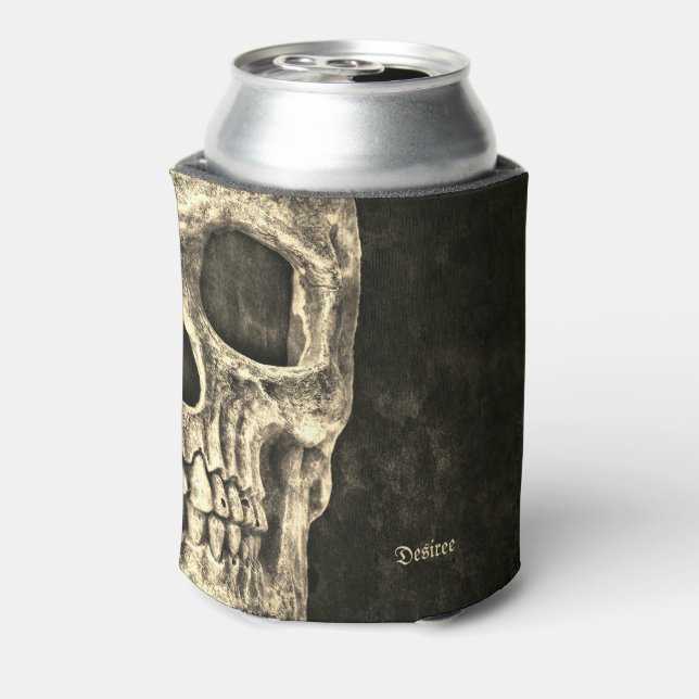 Gothic Human Skull Beige Black Texture Grunge Can Cooler (Can Back)