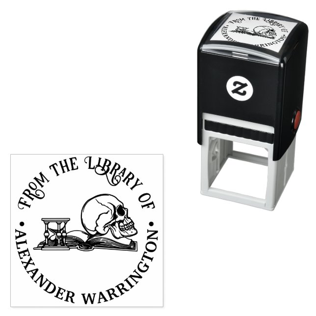 Gothic Human Skull Book Hourglass Library Name Self-inking Stamp (In Situ)