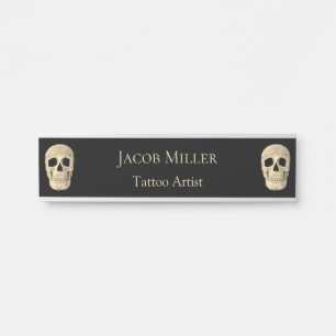 Gothic Human Skull Head Black Beige Tattoo Shop Door Sign