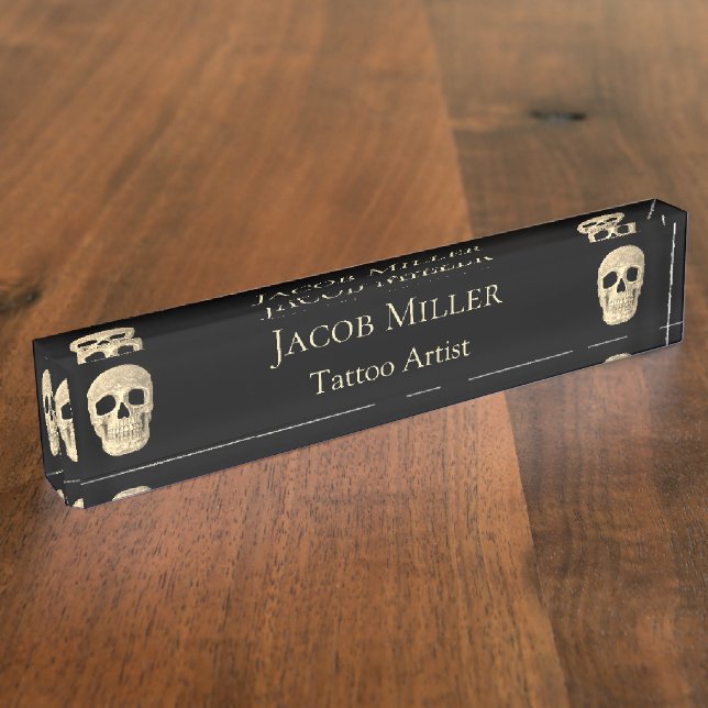Gothic Human Skull Head Black Beige Tattoo Shop Nameplate (Side)