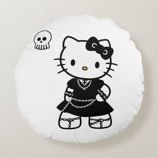 Gothic Kawaii Kitty – Emo Aesthetic Round Throw Pi Pillow (Front)